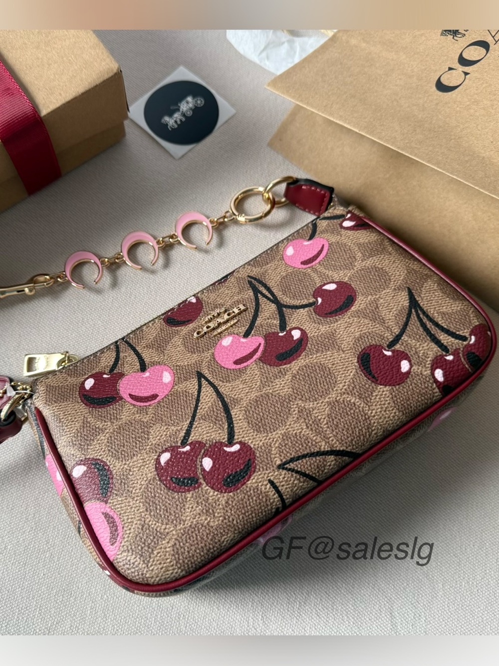 NWT Coach Nolita 19 Cherry Print Wristlet Small Bag Tan Red Gift Set+Extend